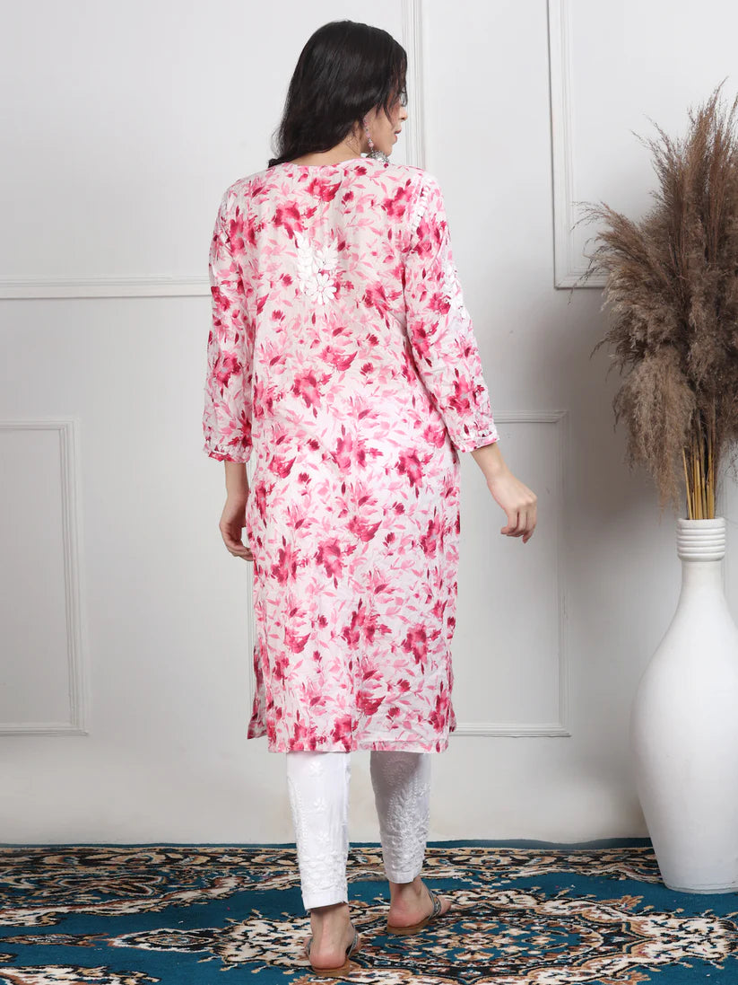 Soft Mul Mul Floral Printed Lucknowi Handwork Chikankari Straight Kurta