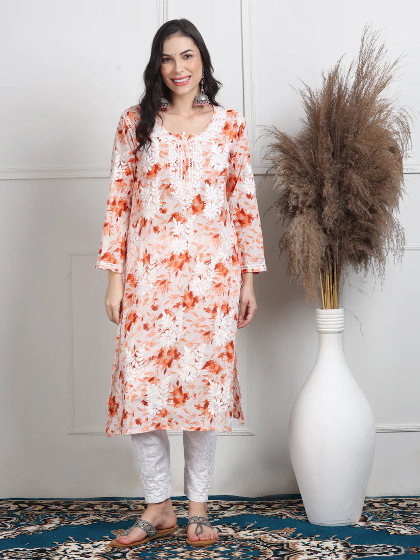 Soft Mul Mul Floral Printed Lucknowi Handwork Chikankari Straight Kurta