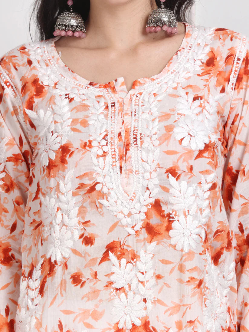 Soft Mul Mul Floral Printed Lucknowi Handwork Chikankari Straight Kurta