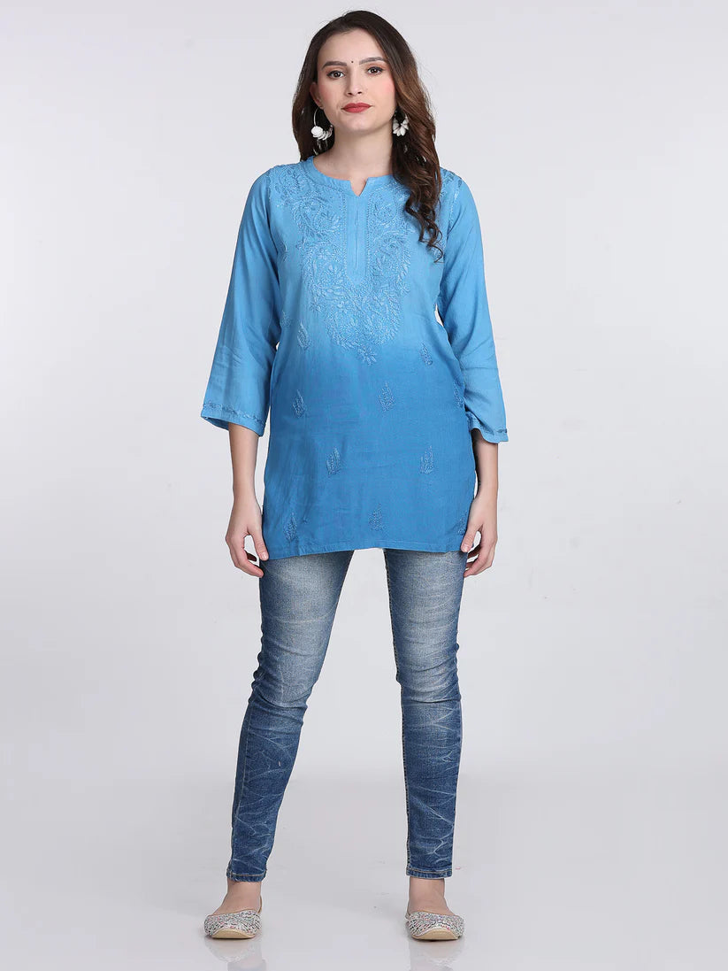 Ombre Dyed Chikankari Short Kurta | Handwork Lucknowi Embroidery