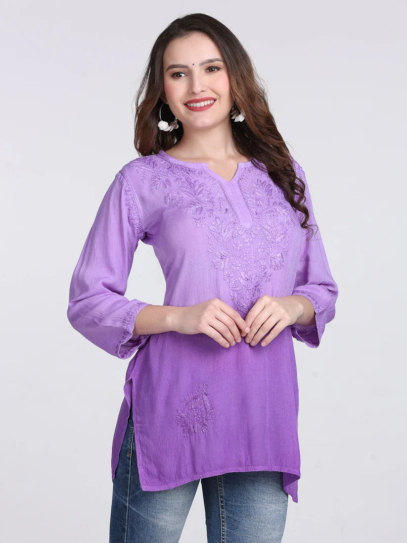 Ombre Dyed Chikankari Short Kurta | Handwork Lucknowi Embroidery
