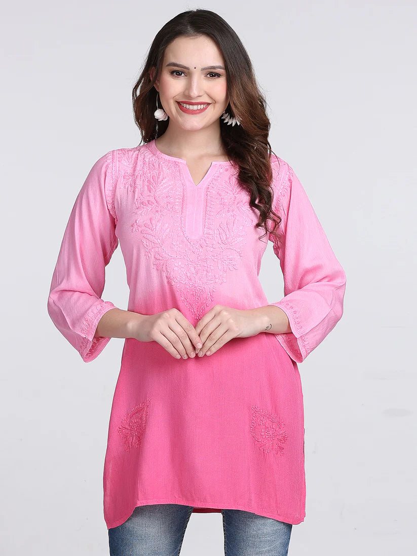 Ombre Dyed Chikankari Short Kurta | Handwork Lucknowi Embroidery