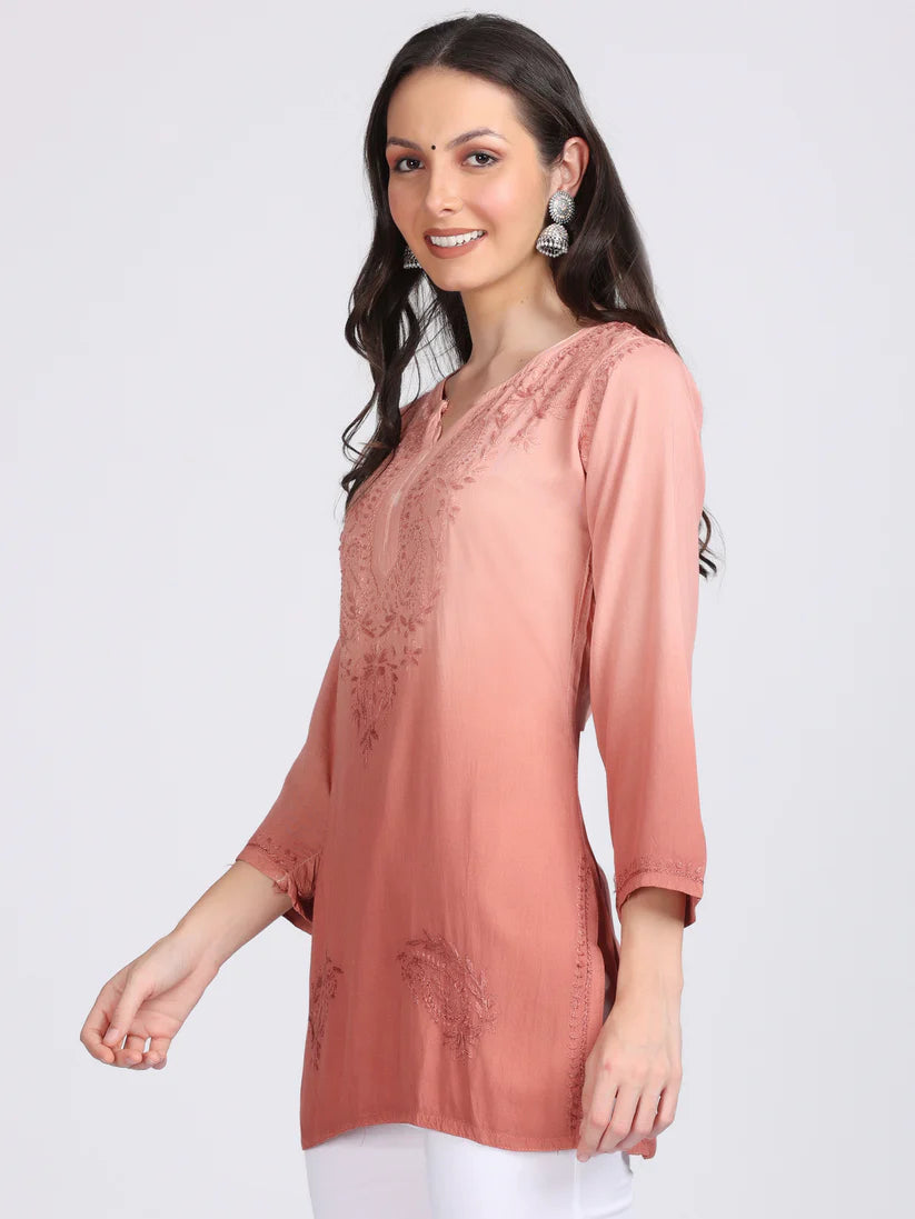 Ombre Dyed Chikankari Short Kurta | Handwork Lucknowi Embroidery