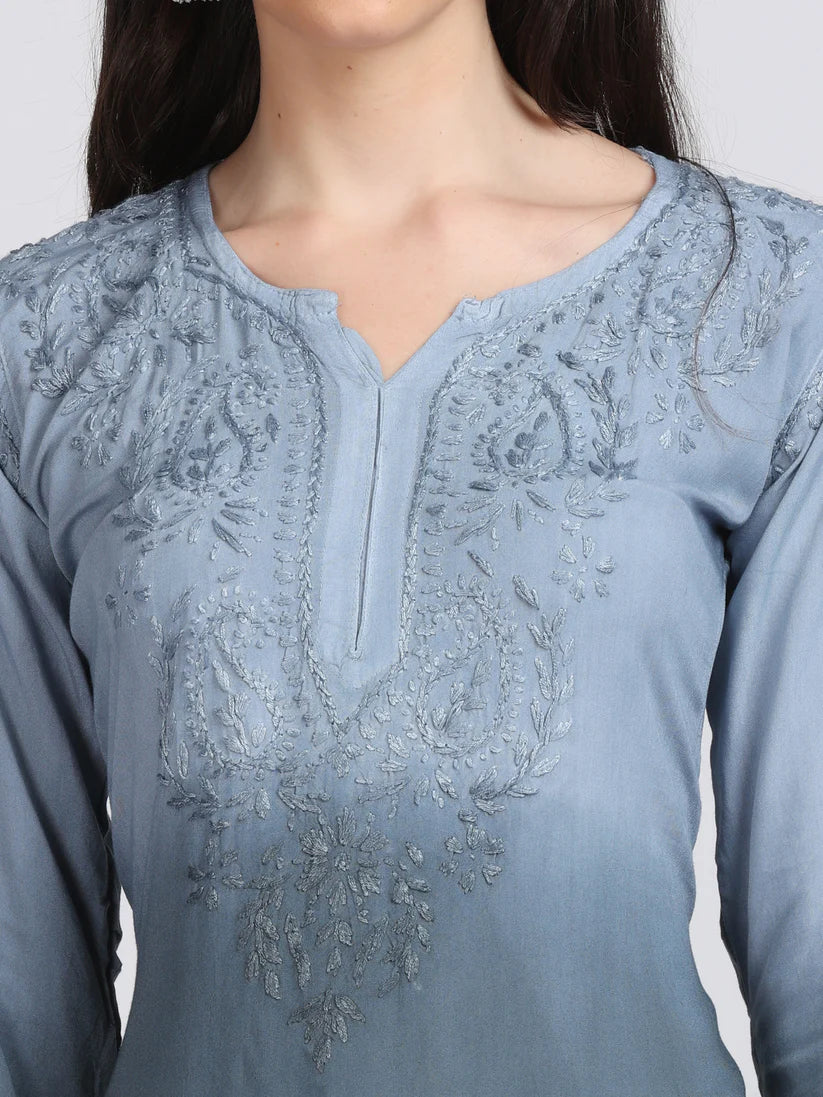 Ombre Dyed Chikankari Short Kurta | Handwork Lucknowi Embroidery