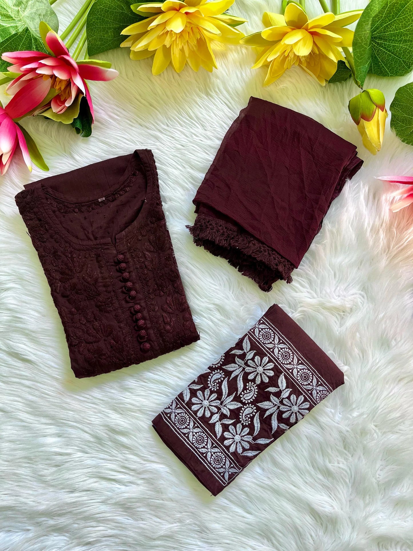 Cotton Dyed Chikankari Co-Ord Straight Kurta Wth Lycra Stretchable Trouser