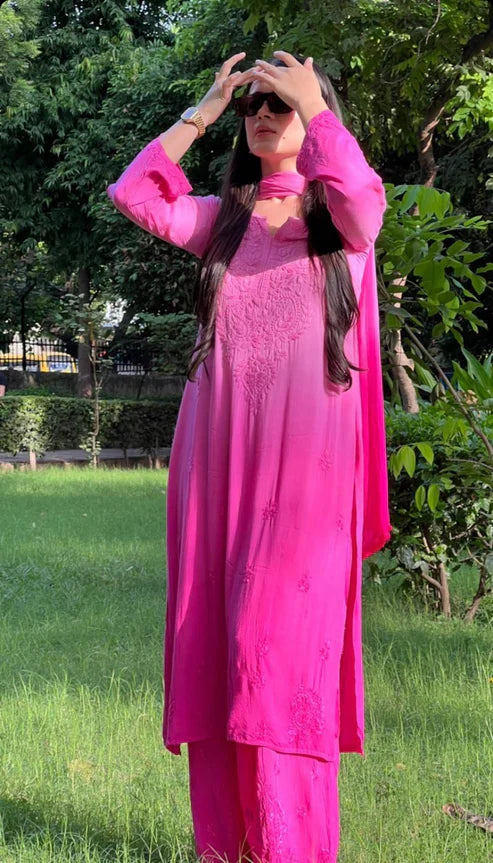 Most Comfortabe Rayon Ombrae Hand Embroidered Full Suit