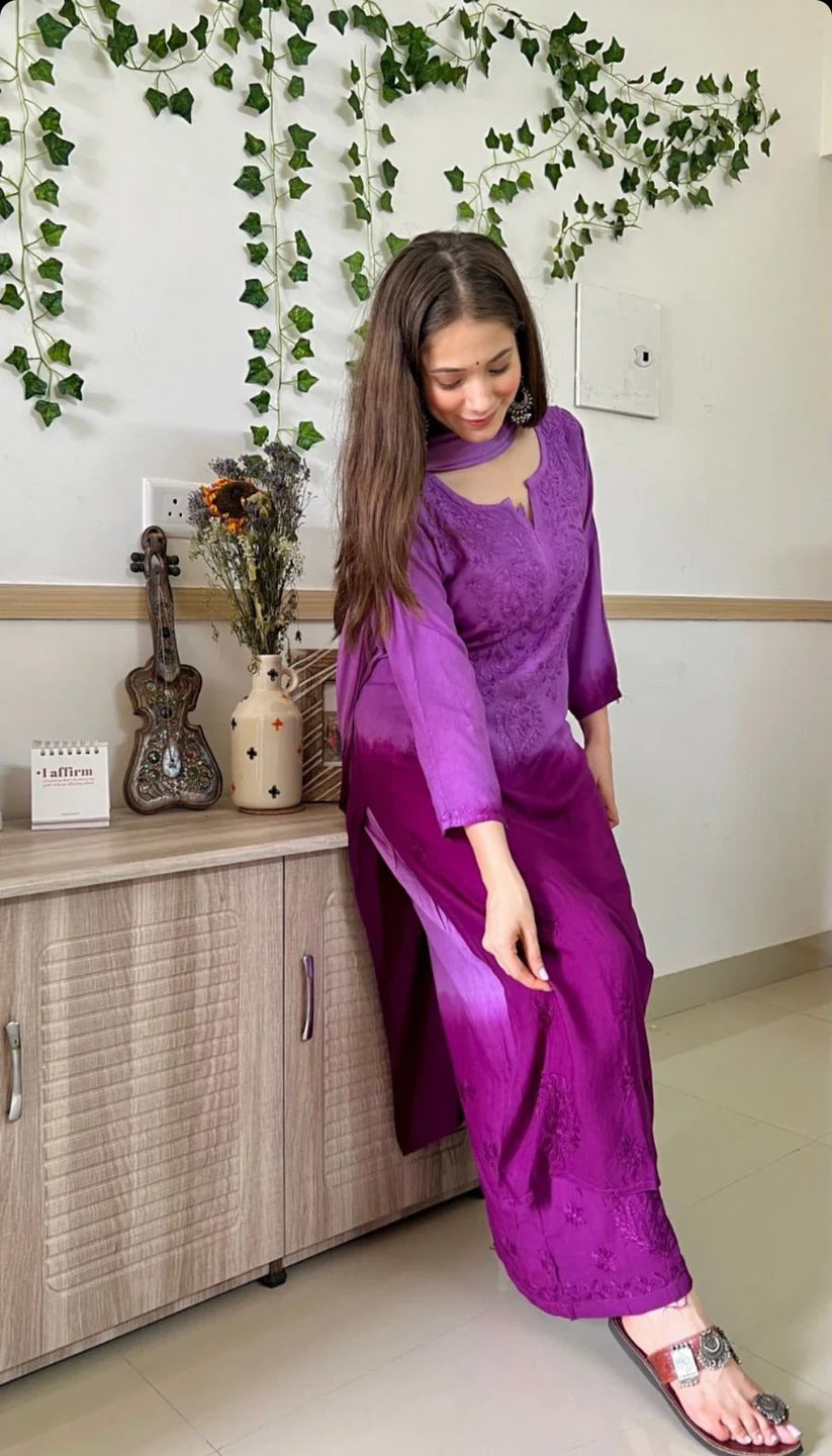 Most Comfortabe Rayon Ombrae Hand Embroidered Full Suit