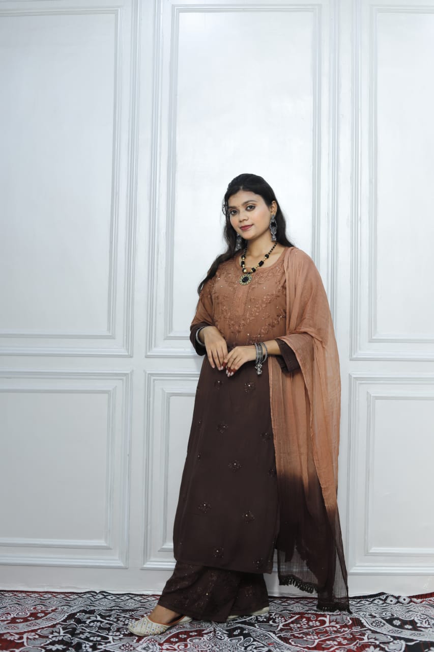 Most Comfortabe Rayon Ombrae Hand Embroidered Full Suit