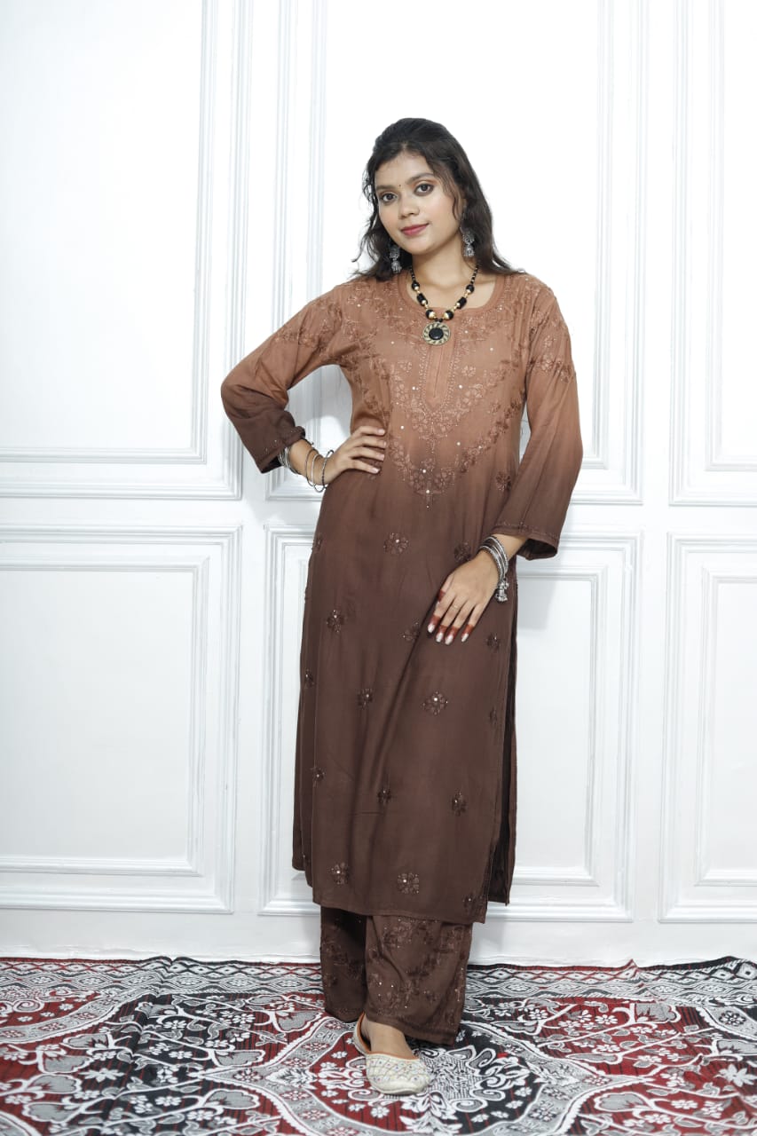 Most Comfortabe Rayon Ombrae Hand Embroidered Full Suit