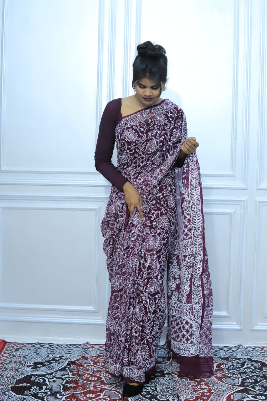 The Royal Drape: Authentic Lucknowi Chikankari Georgette Saree