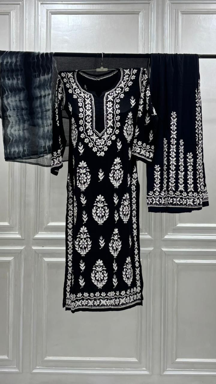 PREMIUM RIYON HANDCREAFTEDCHUKANKARI KURTI SET WITH DUPATTA
