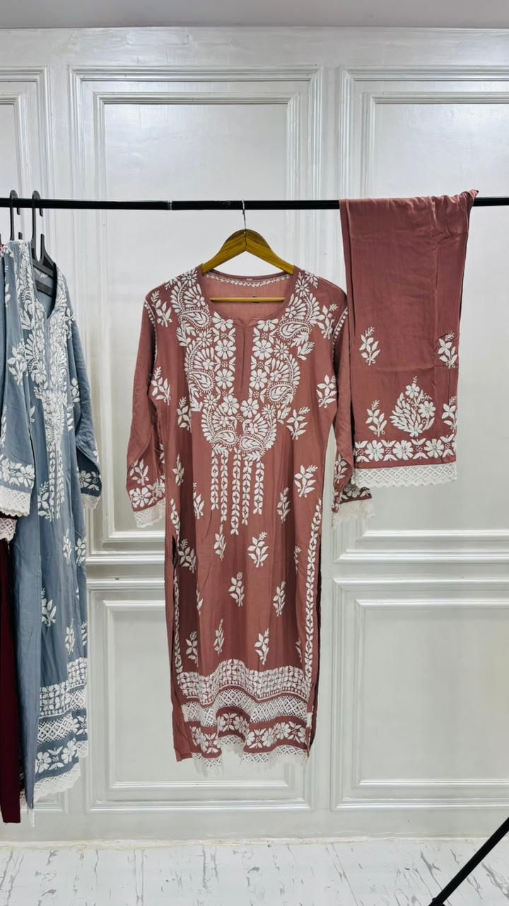 PREMIUM RIYON HANDCREAFTEDCHUKANKARI KURTI SET WITH DUPATTA