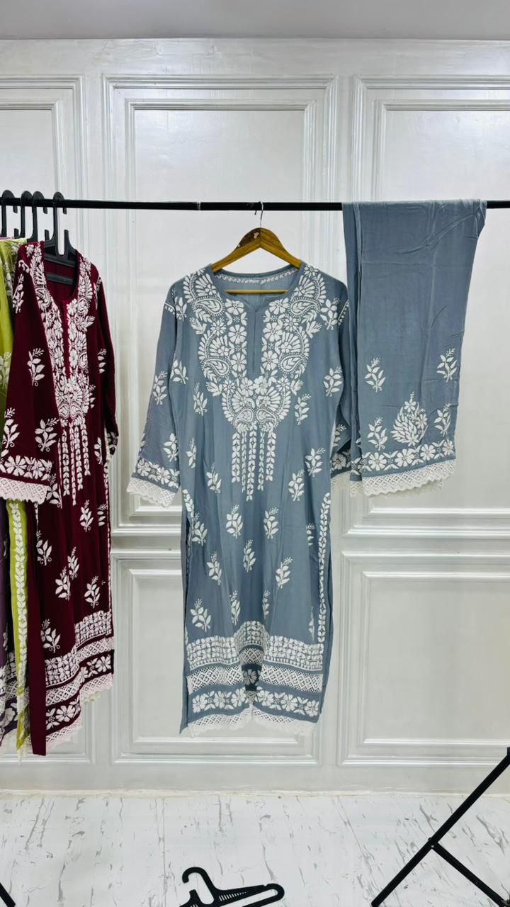PREMIUM RIYON HANDCREAFTEDCHUKANKARI KURTI SET WITH DUPATTA