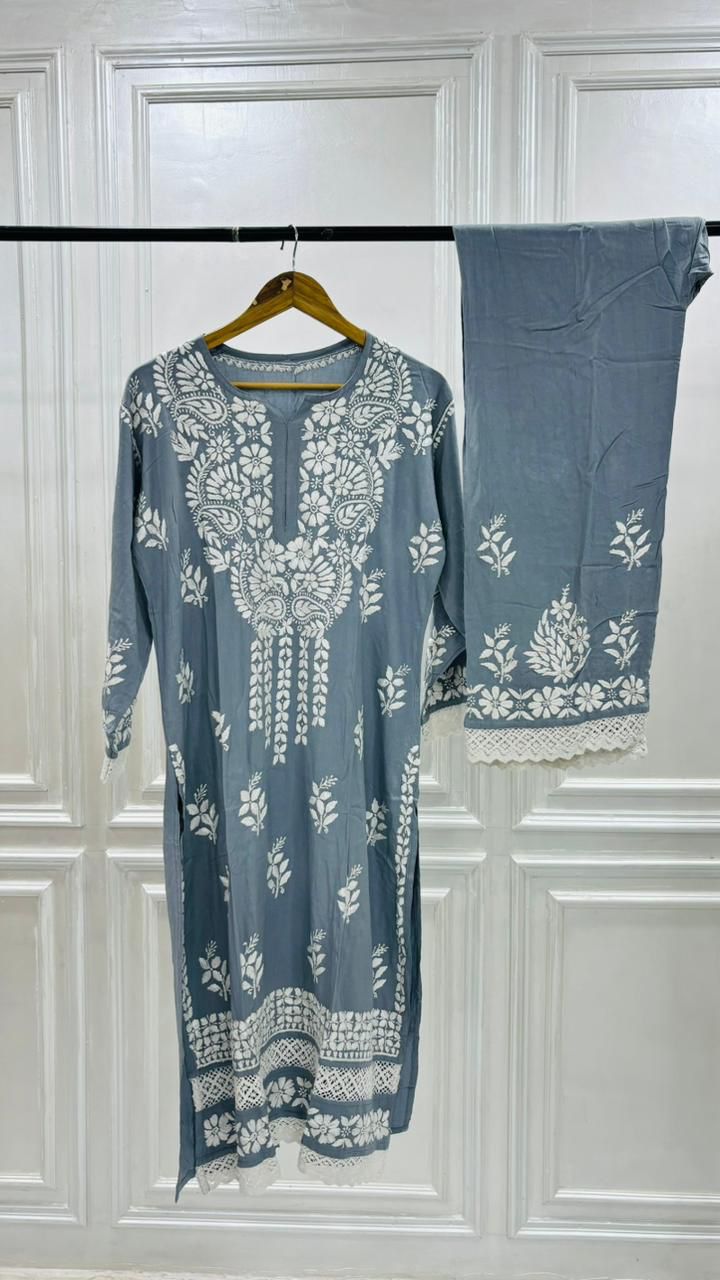 PREMIUM RIYON HANDCREAFTEDCHUKANKARI KURTI SET WITH DUPATTA