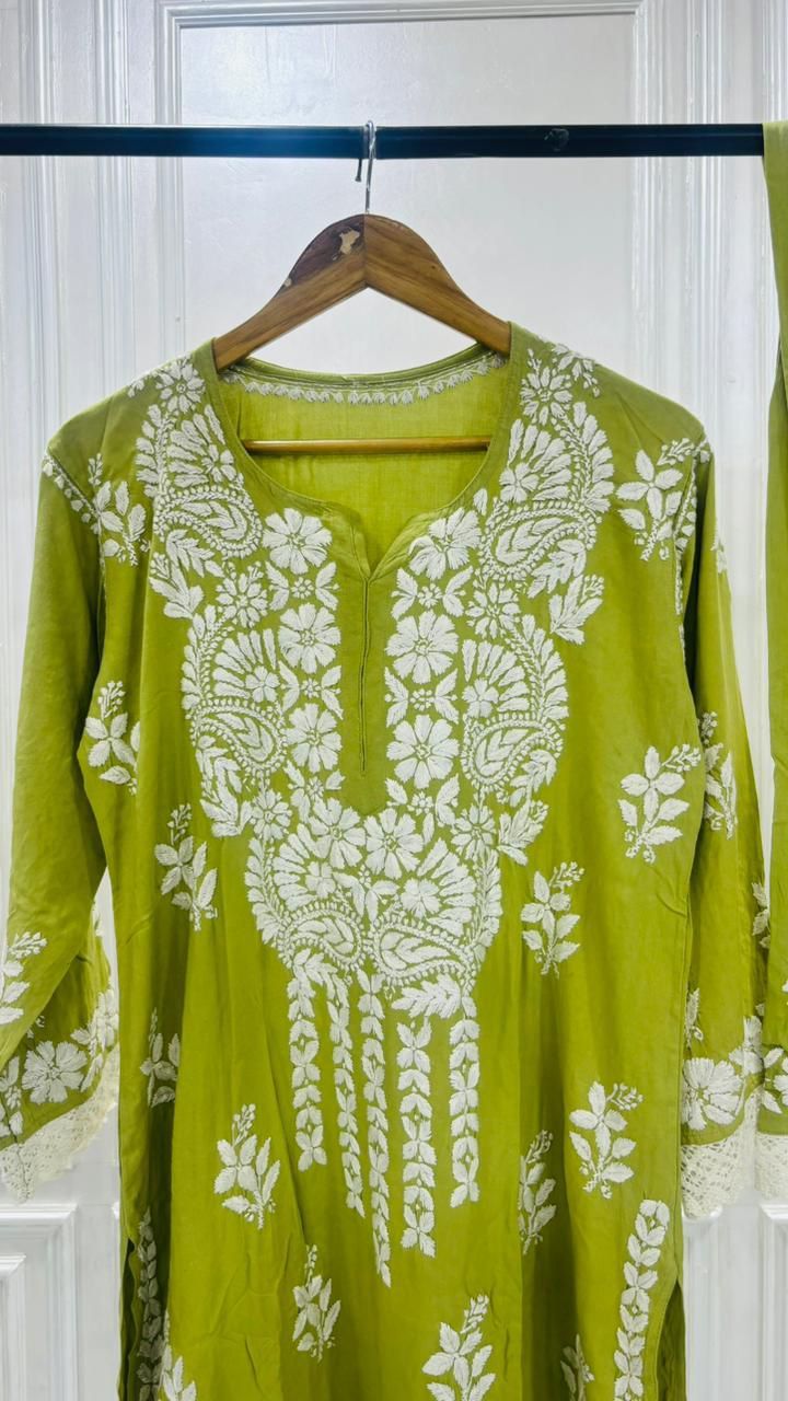 PREMIUM RIYON HANDCREAFTEDCHUKANKARI KURTI SET WITH DUPATTA