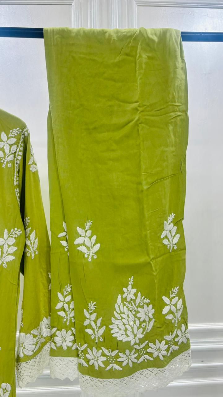 PREMIUM RIYON HANDCREAFTEDCHUKANKARI KURTI SET WITH DUPATTA