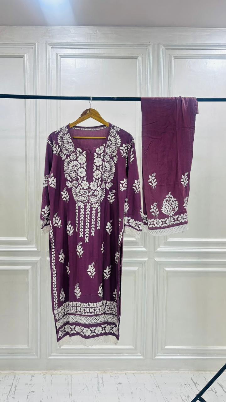 PREMIUM RIYON HANDCREAFTEDCHUKANKARI KURTI SET WITH DUPATTA