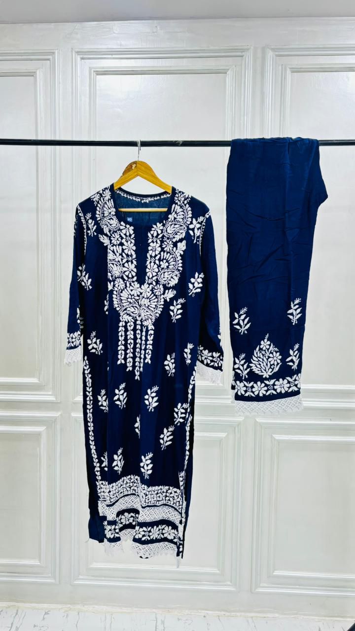 PREMIUM RIYON HANDCREAFTEDCHUKANKARI KURTI SET WITH DUPATTA