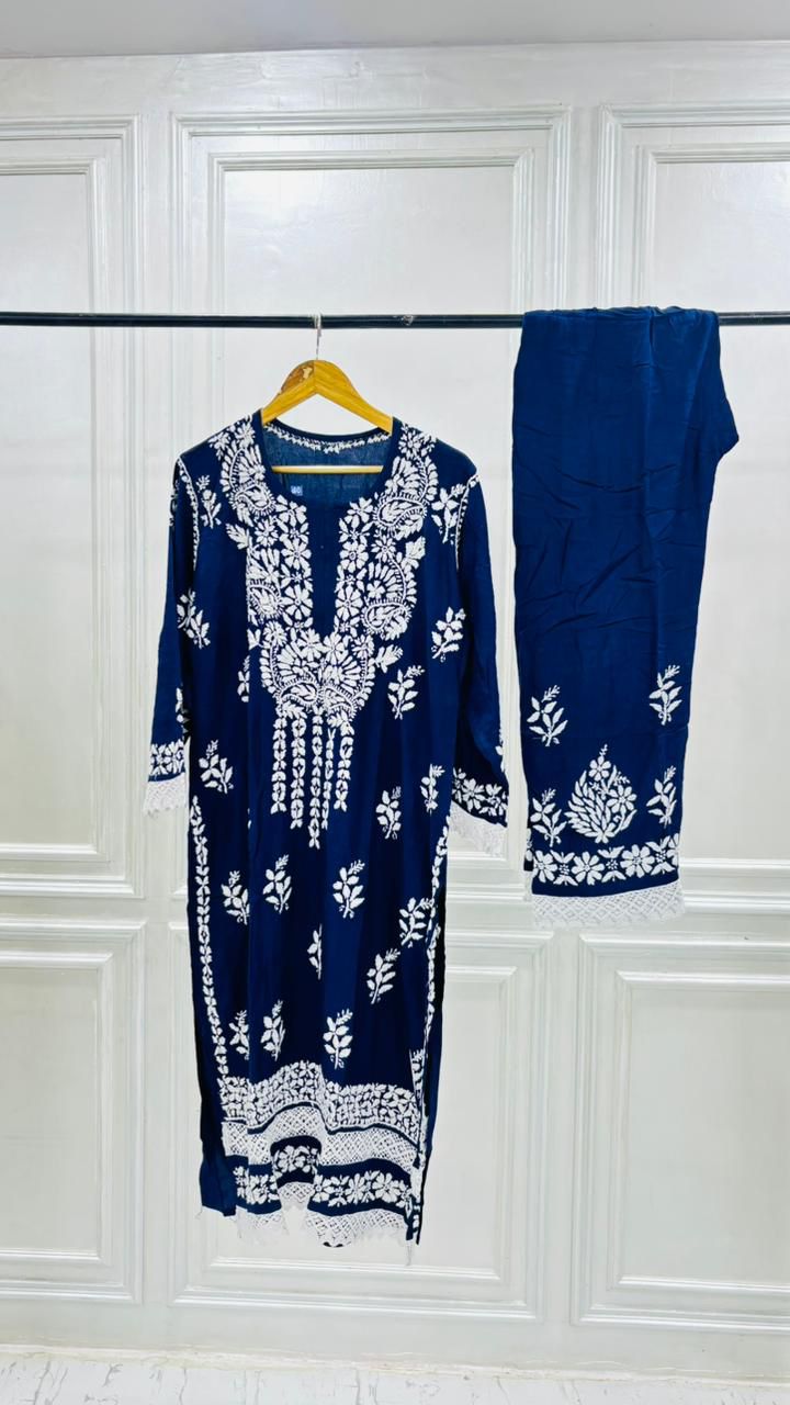 PREMIUM RIYON HANDCREAFTEDCHUKANKARI KURTI SET WITH DUPATTA
