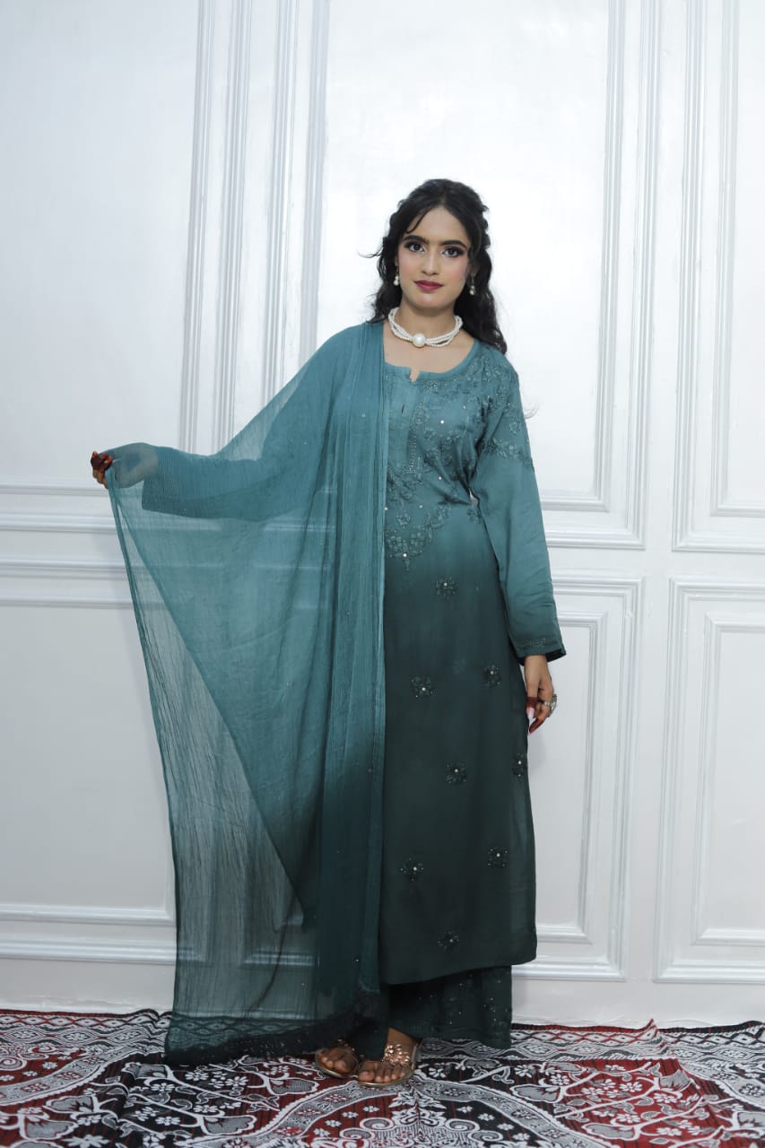 Most Comfortabe Rayon Ombrae Hand Embroidered Full Suit