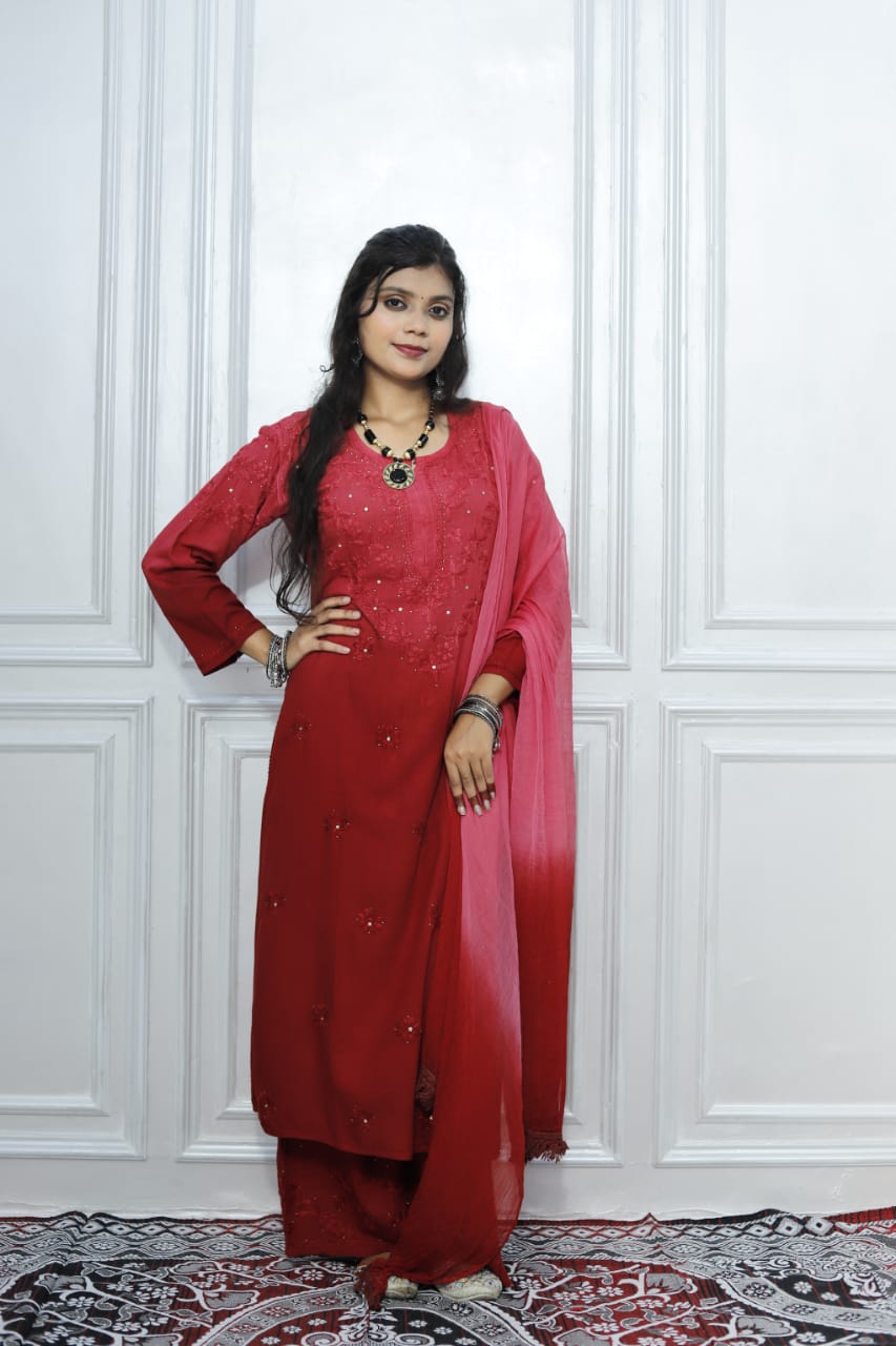 Most Comfortabe Rayon Ombrae Hand Embroidered Full Suit