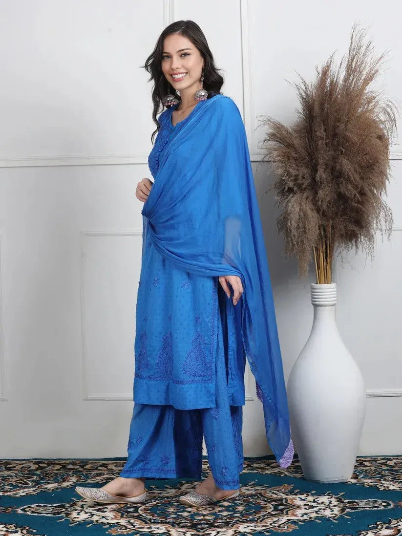 Dobby Cotton 3 piece Set Kurti, Dupatta & Plazzo
