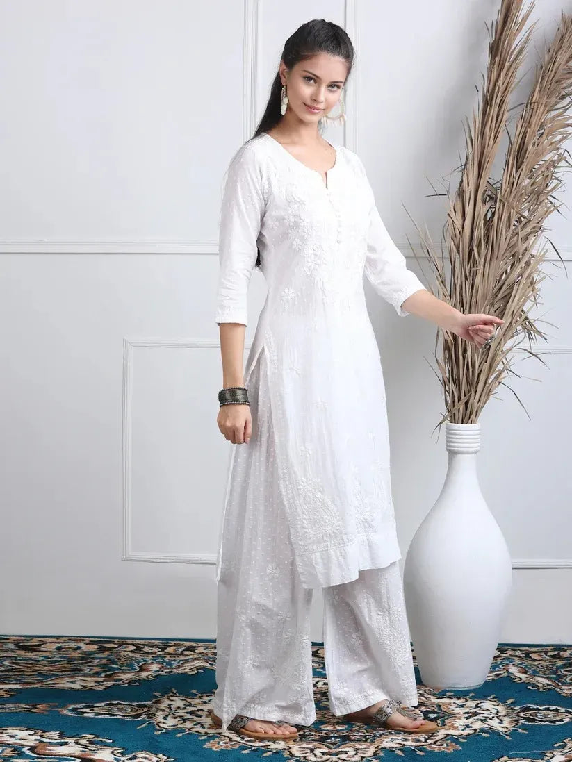 Dobby Cotton 3 piece Set Kurti, Dupatta & Plazzo