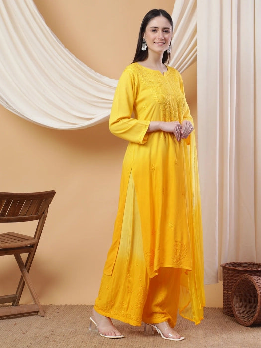 Most Comfortabe Rayon Ombrae Hand Embroidered Full Suit