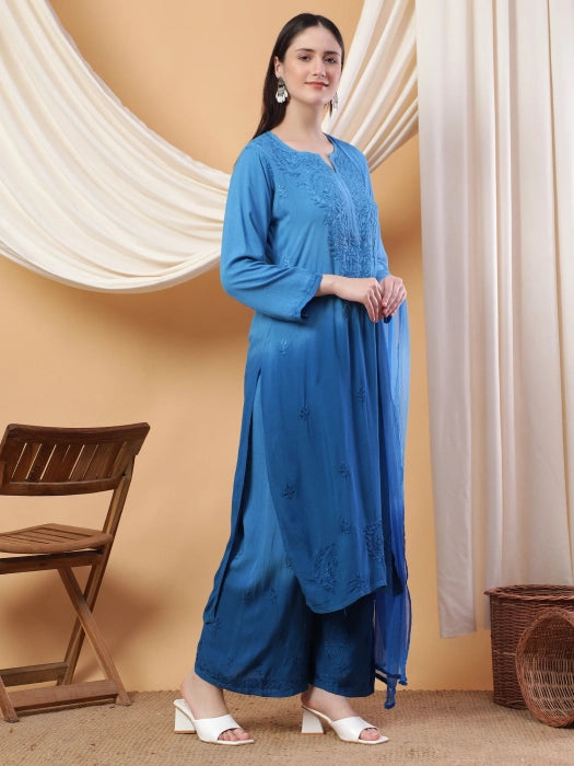 Most Comfortabe Rayon Ombrae Hand Embroidered Full Suit