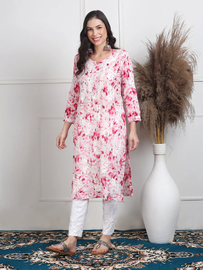 Soft Mul Mul Floral Printed Lucknowi Handwork Chikankari Straight Kurta