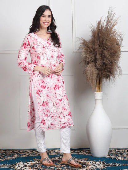 Soft Mul Mul Floral Printed Lucknowi Handwork Chikankari Straight Kurta