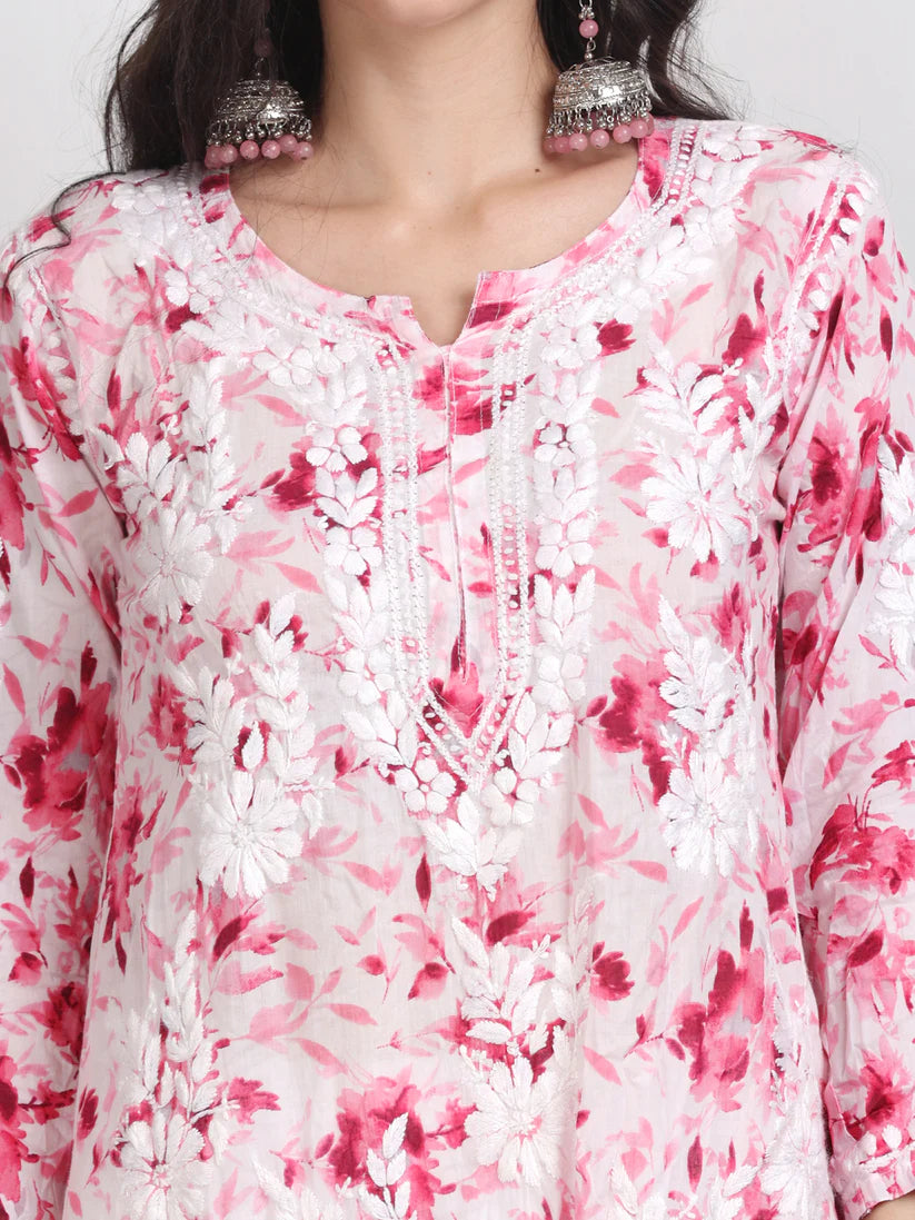 Soft Mul Mul Floral Printed Lucknowi Handwork Chikankari Straight Kurta