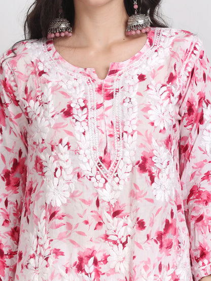 Soft Mul Mul Floral Printed Lucknowi Handwork Chikankari Straight Kurta
