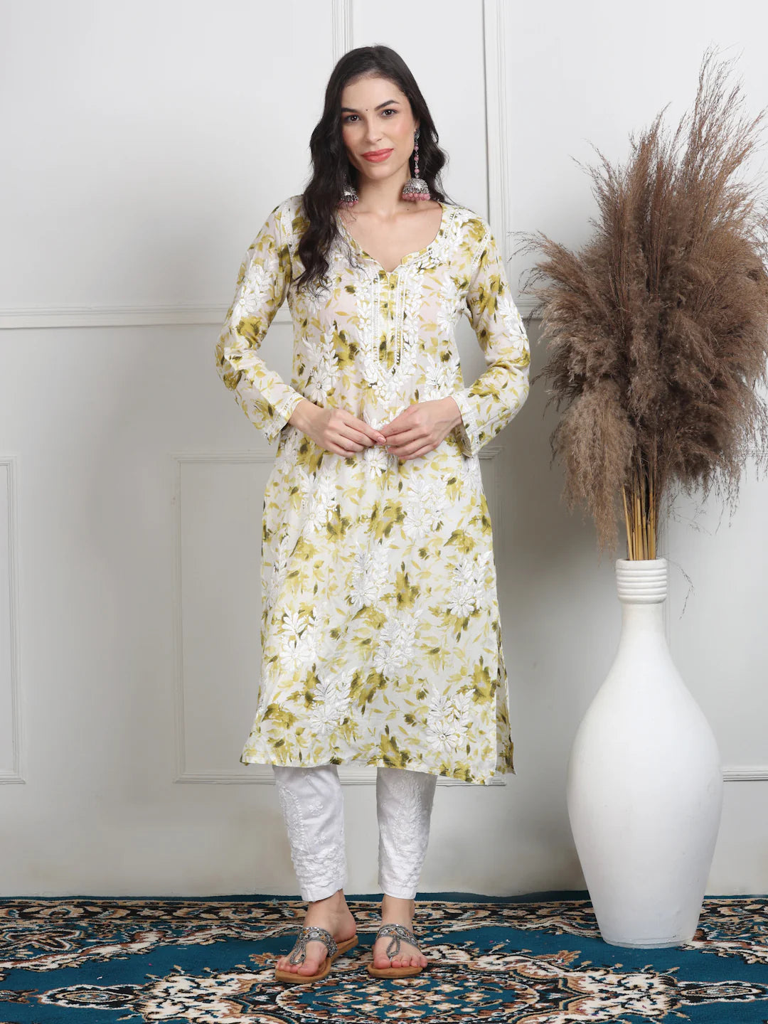 Soft Mul Mul Floral Printed Lucknowi Handwork Chikankari Straight Kurta