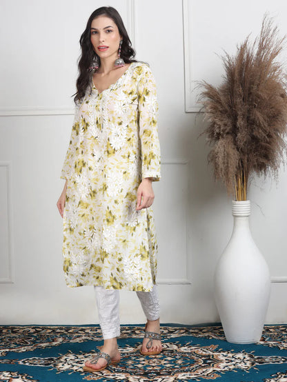 Soft Mul Mul Floral Printed Lucknowi Handwork Chikankari Straight Kurta