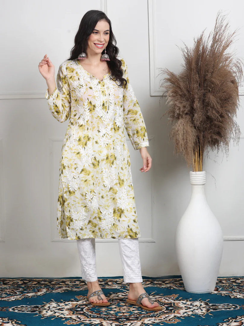 Soft Mul Mul Floral Printed Lucknowi Handwork Chikankari Straight Kurta
