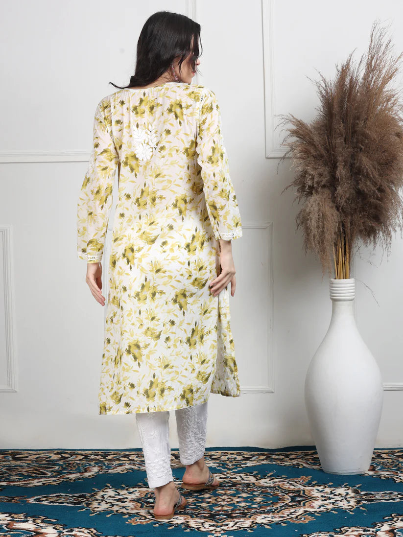 Soft Mul Mul Floral Printed Lucknowi Handwork Chikankari Straight Kurta