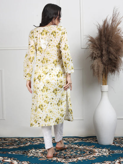 Soft Mul Mul Floral Printed Lucknowi Handwork Chikankari Straight Kurta