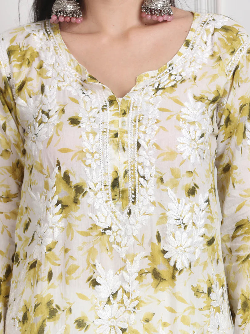 Soft Mul Mul Floral Printed Lucknowi Handwork Chikankari Straight Kurta