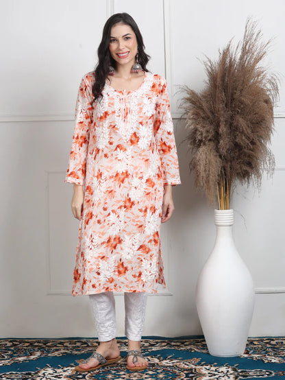 Soft Mul Mul Floral Printed Lucknowi Handwork Chikankari Straight Kurta