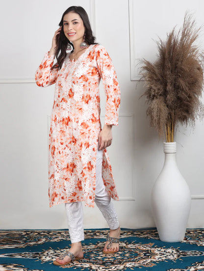 Soft Mul Mul Floral Printed Lucknowi Handwork Chikankari Straight Kurta