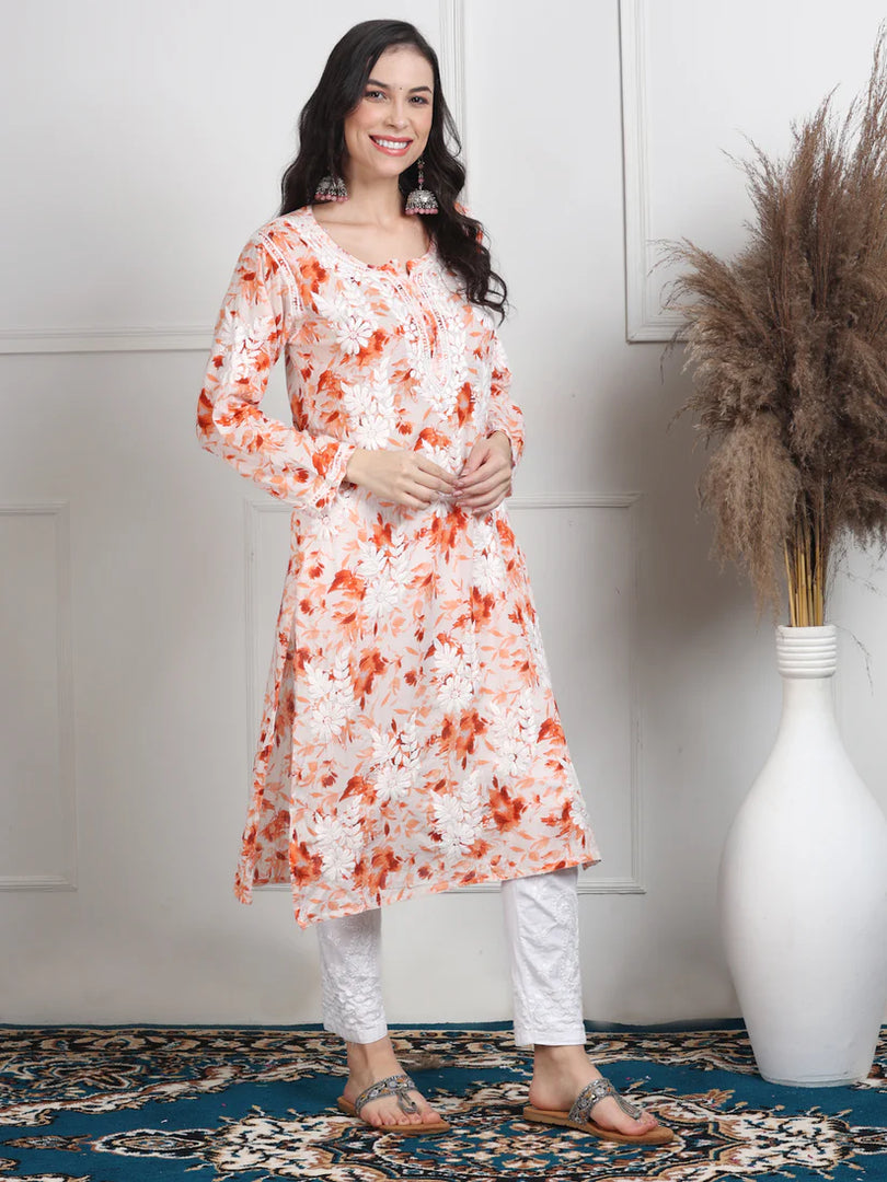 Soft Mul Mul Floral Printed Lucknowi Handwork Chikankari Straight Kurta