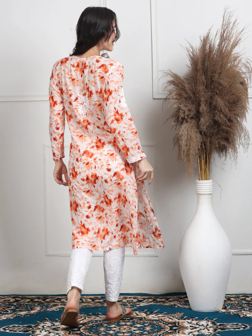 Soft Mul Mul Floral Printed Lucknowi Handwork Chikankari Straight Kurta