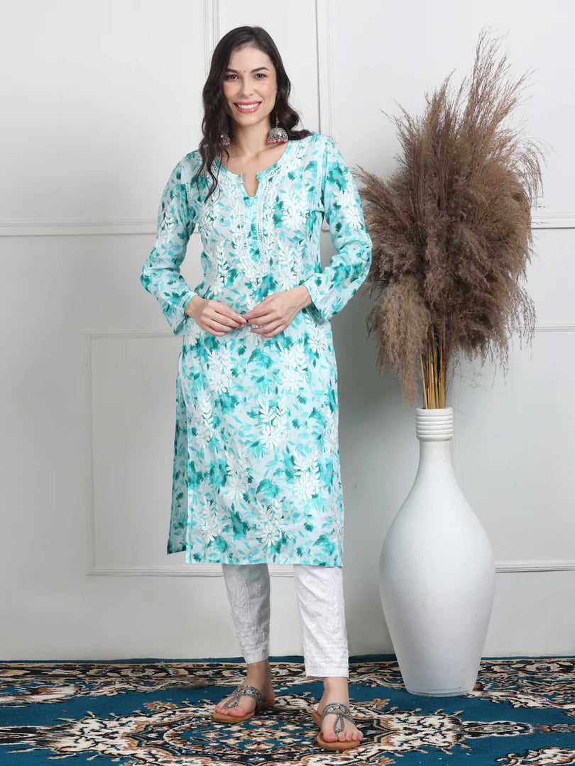 Soft Mul Mul Floral Printed Lucknowi Handwork Chikankari Straight Kurta