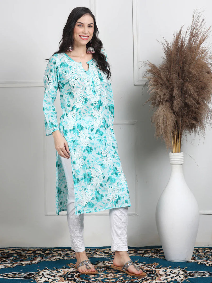Soft Mul Mul Floral Printed Lucknowi Handwork Chikankari Straight Kurta
