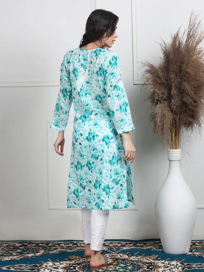Soft Mul Mul Floral Printed Lucknowi Handwork Chikankari Straight Kurta