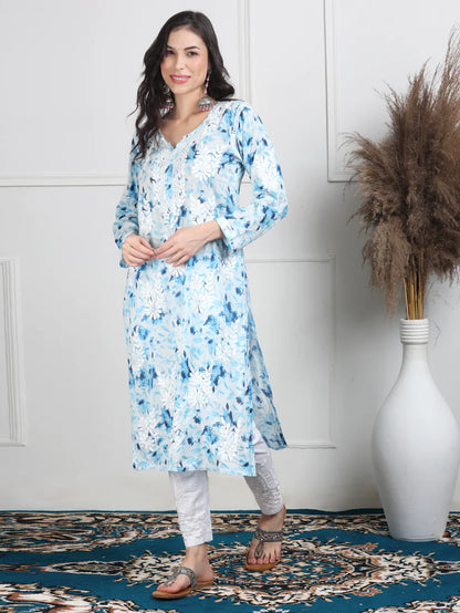 Soft Mul Mul Floral Printed Lucknowi Handwork Chikankari Straight Kurta