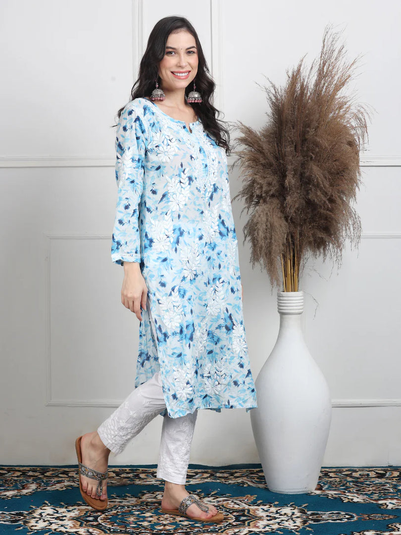 Soft Mul Mul Floral Printed Lucknowi Handwork Chikankari Straight Kurta