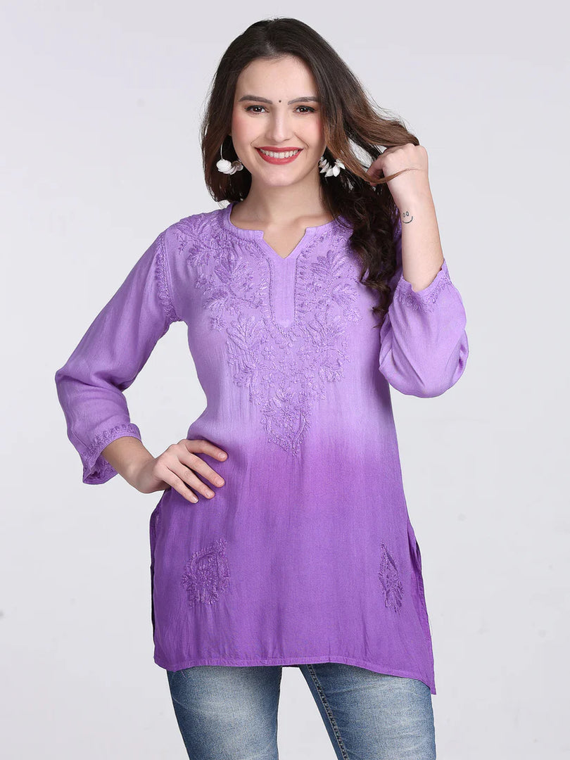 Ombre Dyed Chikankari Short Kurta | Handwork Lucknowi Embroidery