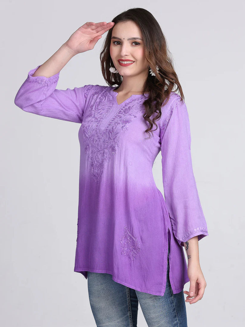 Ombre Dyed Chikankari Short Kurta | Handwork Lucknowi Embroidery